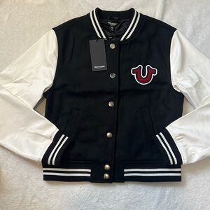NWT True Religion True Varsity Jacket Black and Winter White Embroidered Detail